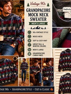 Vintage 90s Sweater Men Large Mock Neck Checkered Colorblock Grandpacore Cottage